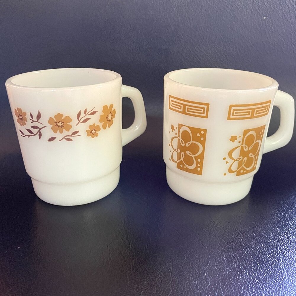 2 Vintage 70s Stackable Milkglass Mugs-Anchor Hocking and Termocrisa